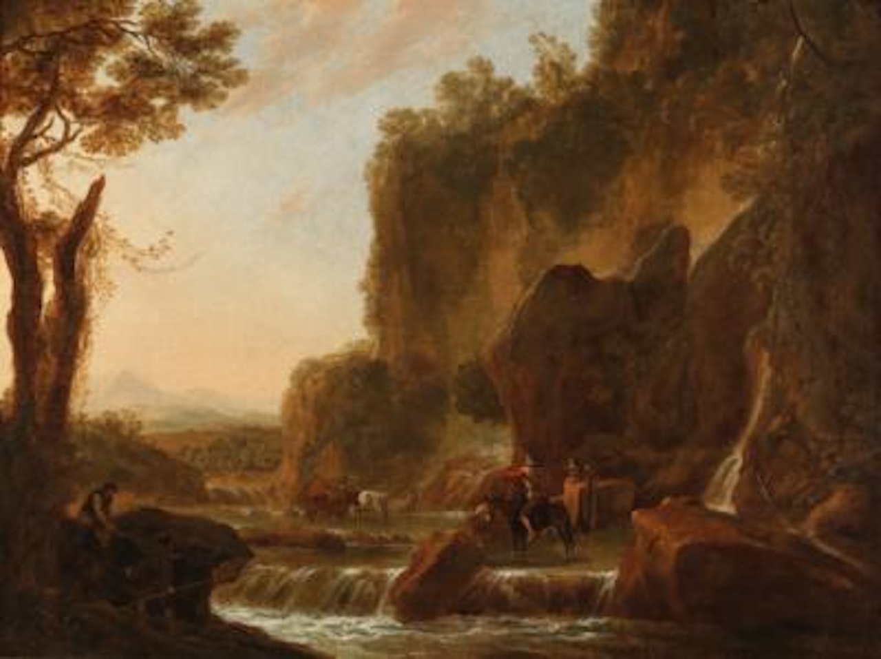 Travellers fording a torrent in an Italianate wooded landscape by Jan Both