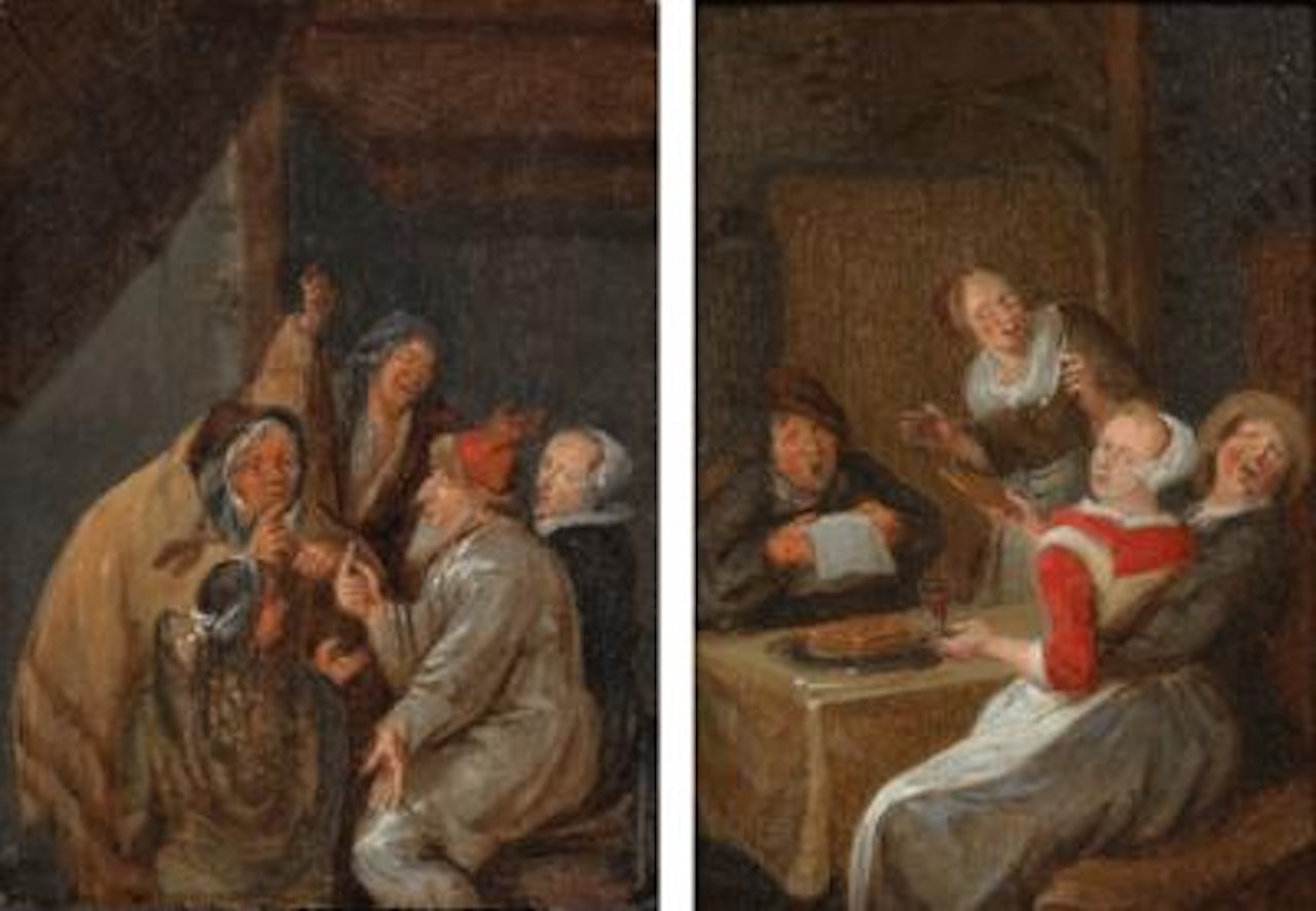 A man offering money to an elder woman; and Figures singing and smoking in a tavern by Jan Miense Molenaer