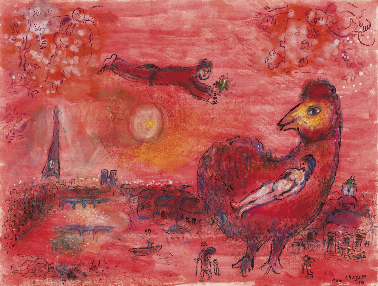 Coq sur fond rouge entre Paris et Vitebsk by Marc Chagall