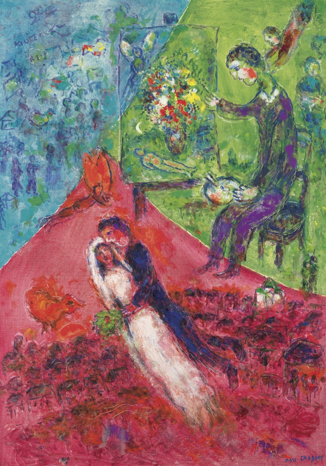 Le peintre et les mariés aux trois couleurs by Marc Chagall