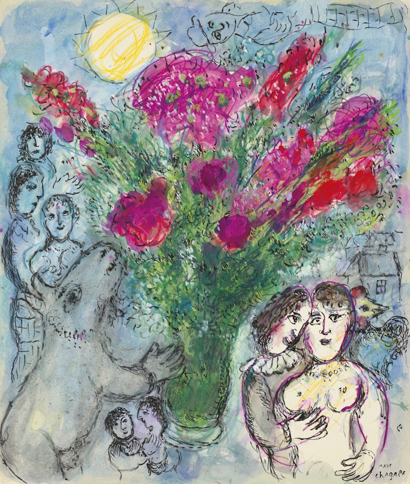 Rencontre autour d'un bouquet de glaïeuls et pivoines by Marc Chagall