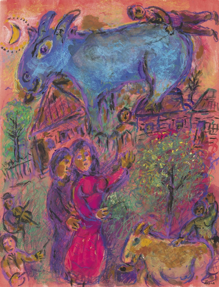 Chèvre bleue au-dessus de la fête au village en rose by Marc Chagall