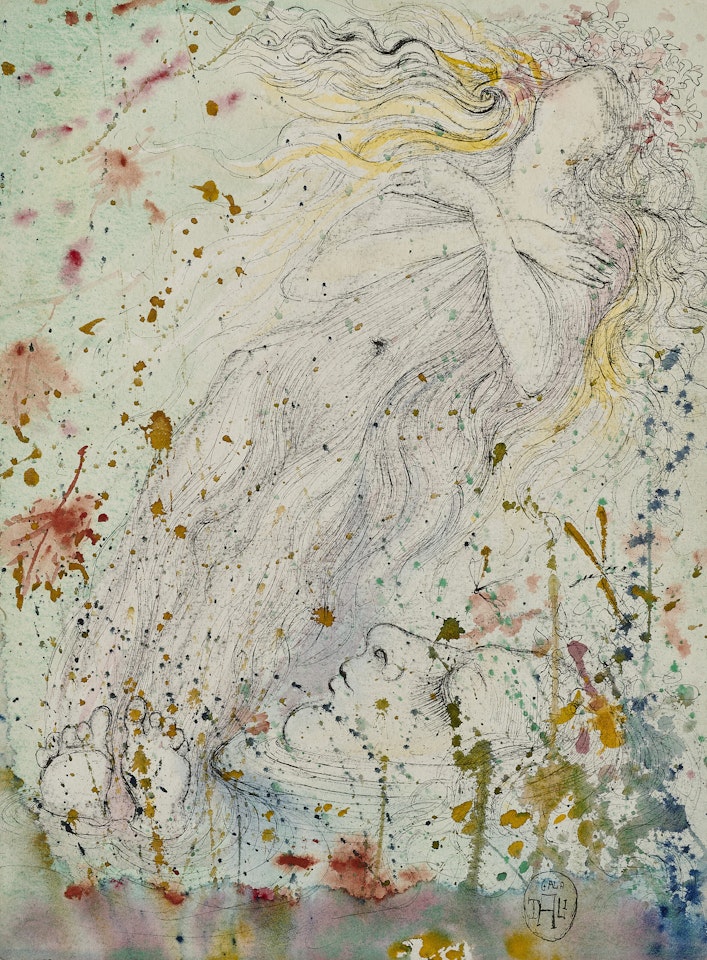Le corps d'Ophélia morte par noyade recouverte des fleurs jetées par la Reine (Hamlet; Acte V, scène 1) by Salvador Dali
