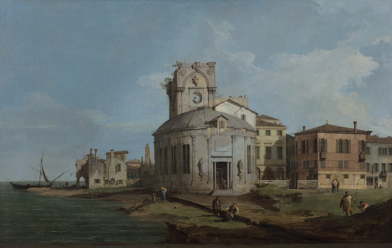 A Venetian Capriccio with an oval church by the Lagoon by Canaletto