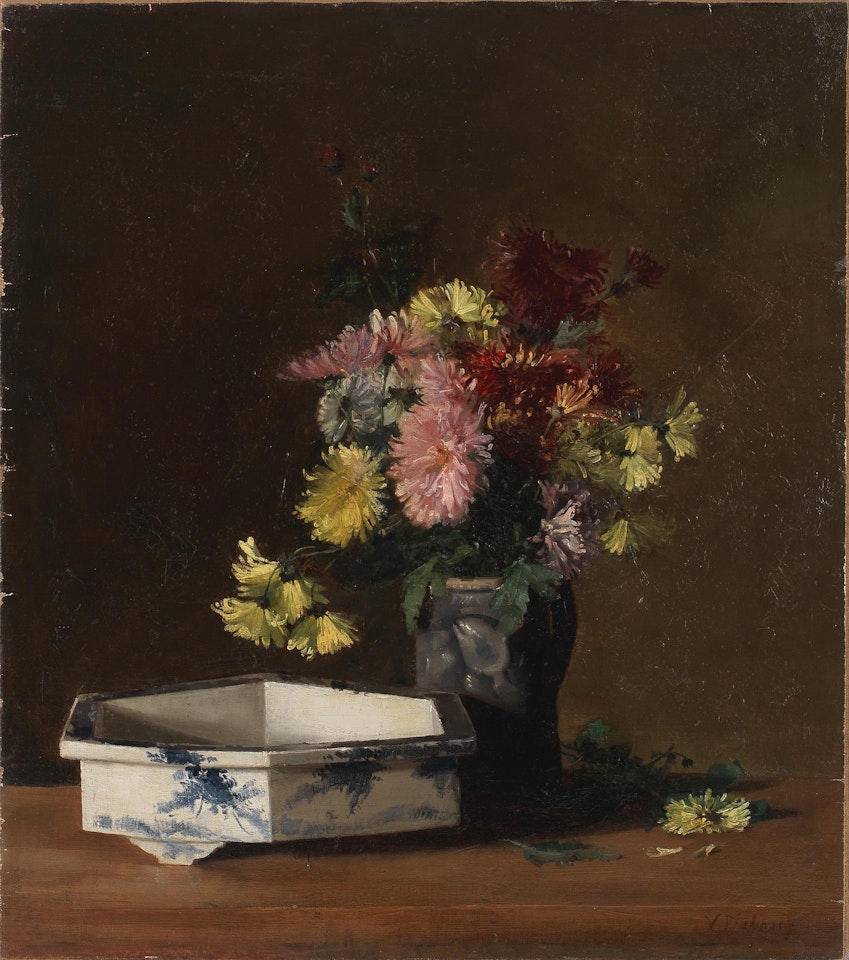 Still life of pink and yellow flowers with a Chinese bowl by Victoria Fantin-Latour