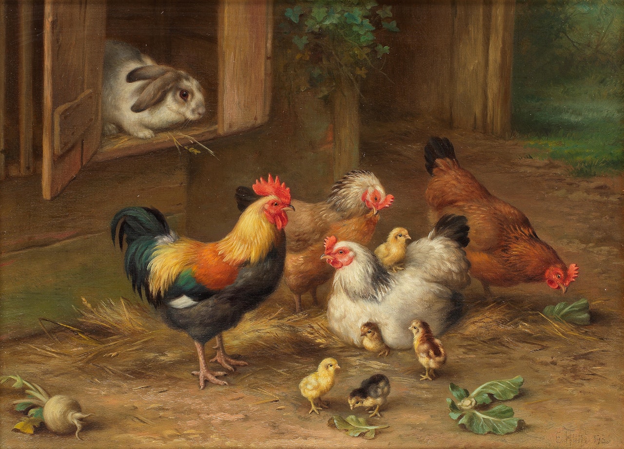 A view from the hutch, a rabbit overlooking a family of chickens by Edgar Hunt