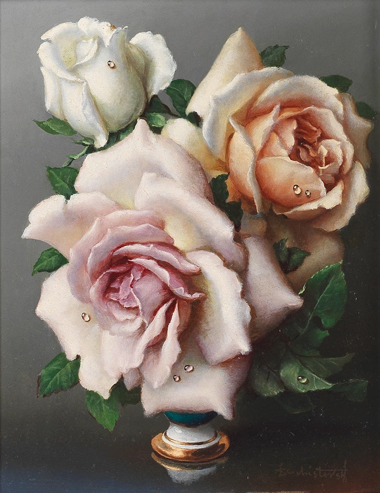 Pink and peach roses in a vase by Irene Klestova