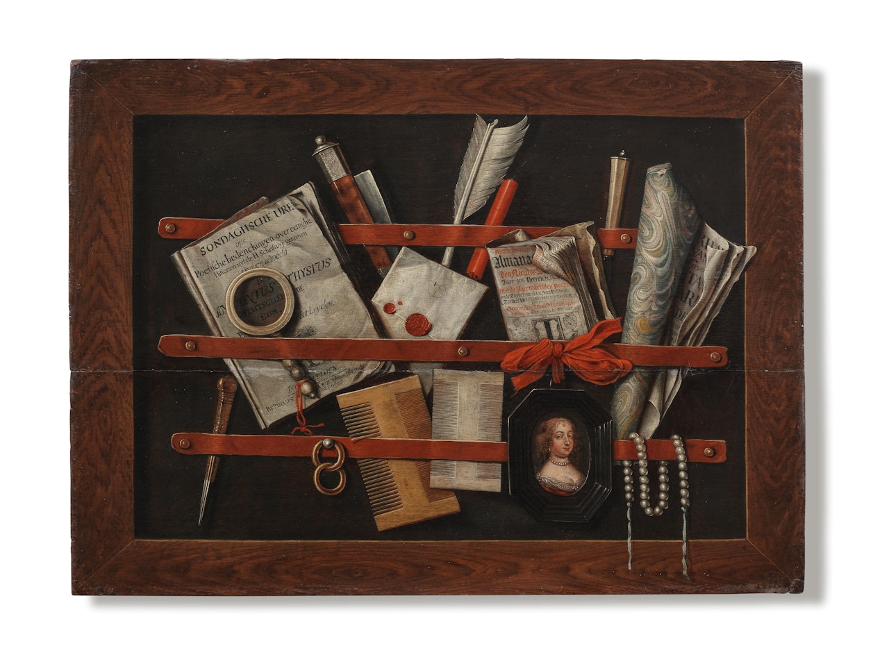 A trompe l'oeil still life of a framed letter rack with a copy of Antony Thysius's Sondaghsche uren , a letter, a Delft Almanac, two combs, a quill, a portrait miniature and other objects, by Edwaert Collier