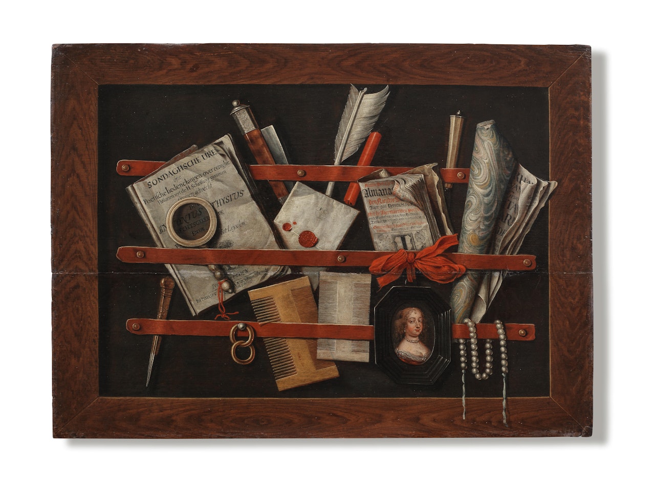 A trompe l'oeil still life of a framed letter rack with a copy of Antony Thysius's Sondaghsche uren , a letter, a Delft Almanac, two combs, a quill, a portrait miniature and other objects, by Edward Collier