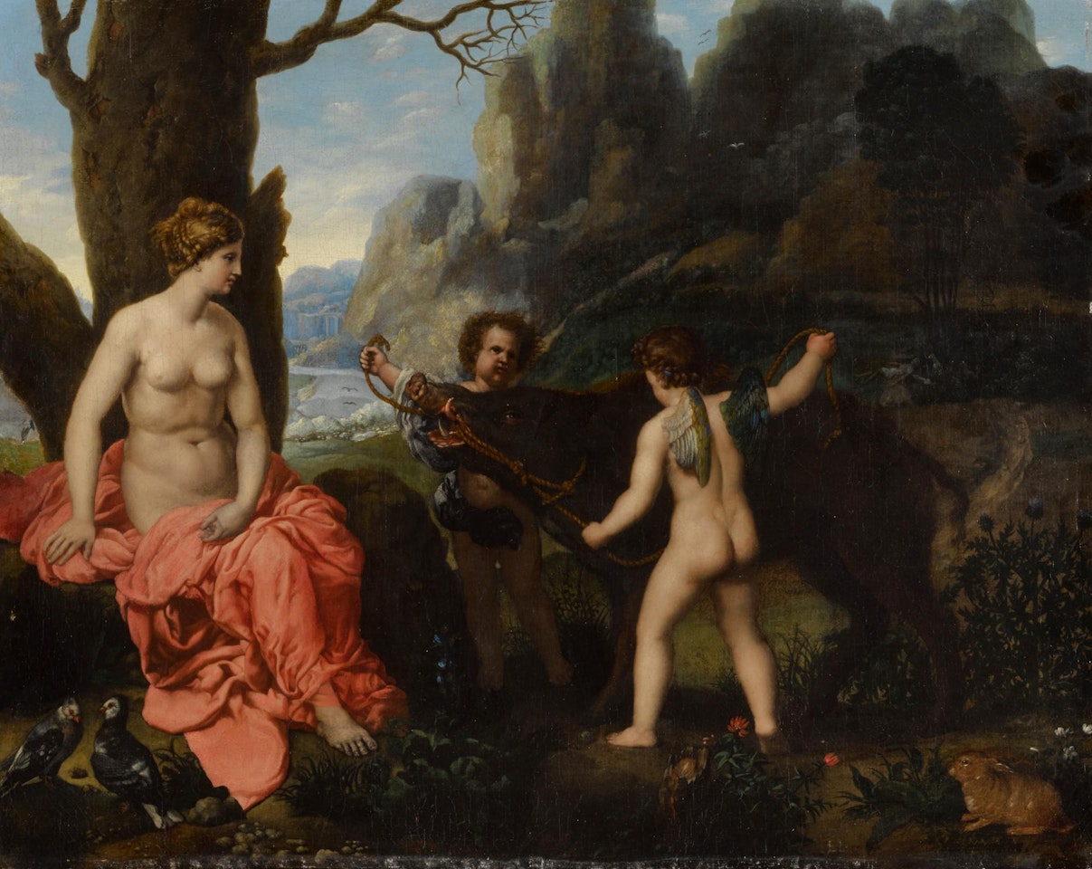 Putti presenting Venus with the boar that killed Adonis by Roman School