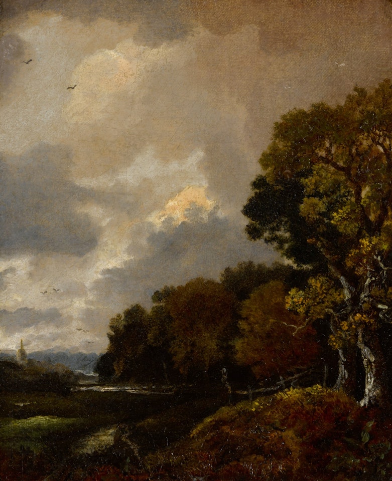 Landscape with trees and a field, a church tower in the distance by Thomas Gainsborough
