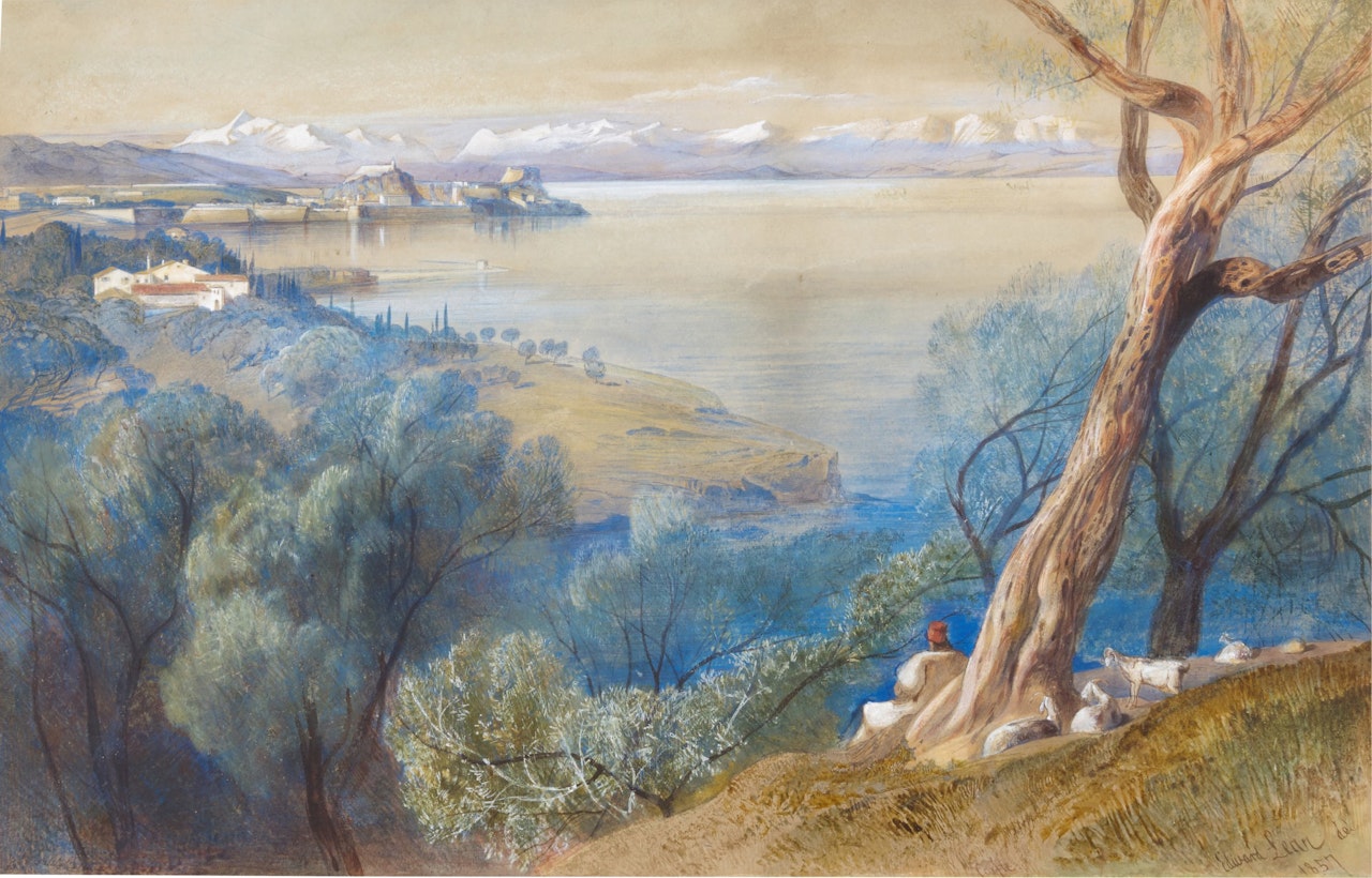 Distant view of the Citadel from the village of Ascension, Corfu by Edward Lear