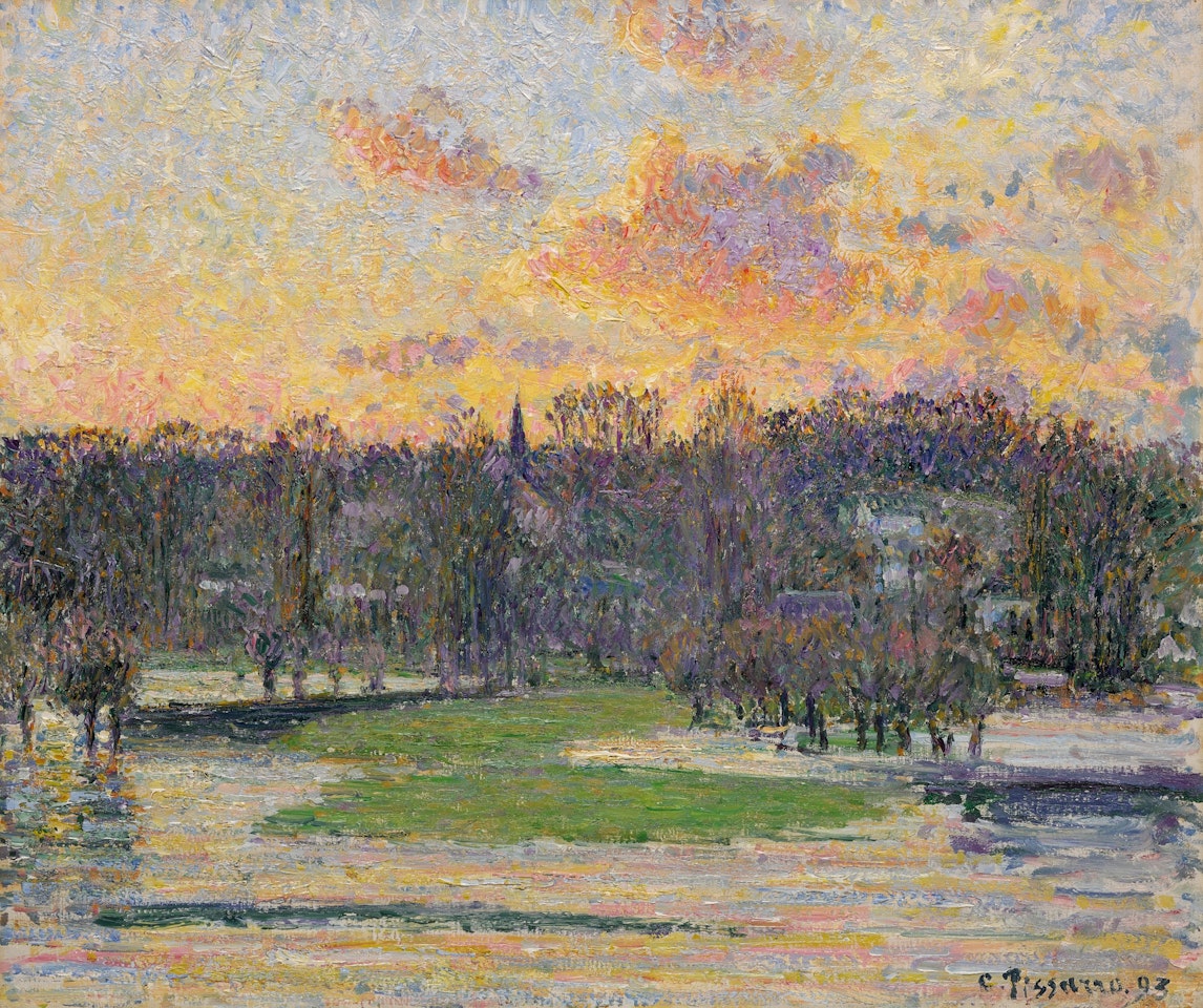 Vue de Bazincourt, inondation, soleil couchant by Camille Pissarro