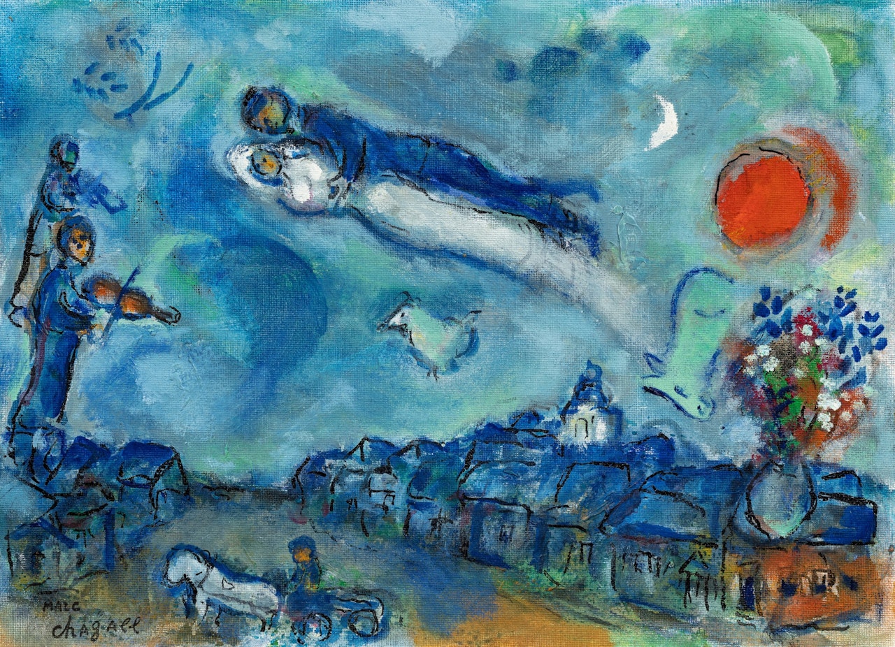 Les mariés au-dessus du village by Marc Chagall