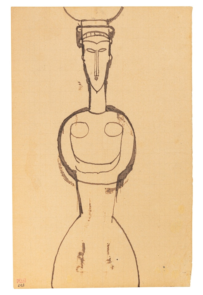 Cariatide de face, bras croisés, tête surmontée d'un chapiteau by Amedeo Modigliani