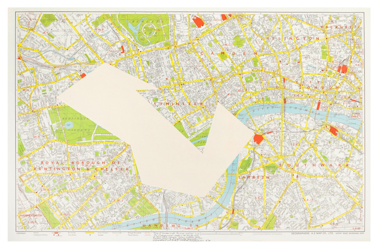 R706 Map of London with the area between the underground stations at Marble Arch, St. James Park, Leicester Square, Waterloo Station, Pimlico, Sloane Sq., Knightsbridge, Bayswater, Edgeware Road and Bond St., removed by Sol LeWitt