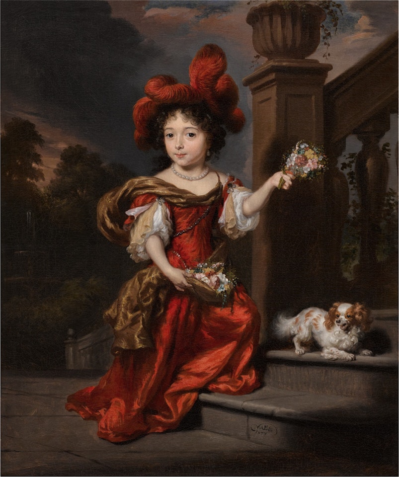 Portrait of Beatrix Van Alphen (1672–1728) at the age of five, full-length, wearing a red silk dress and feathered hat, holding a basket of flowers, with a papillon spaniel by Nicolaes Maes