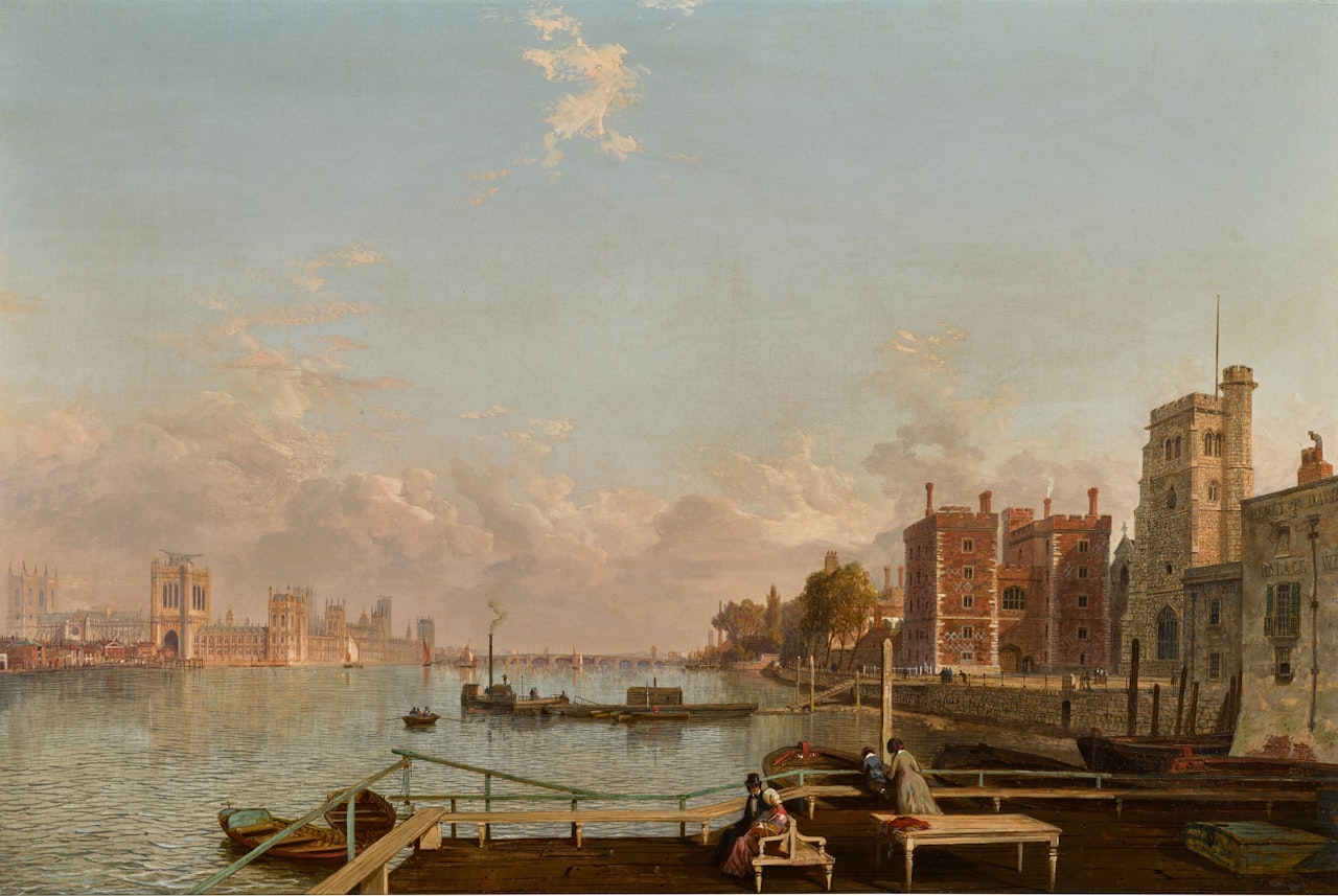 London, a view of the Thames with the new Palace of Westminster under construction - Day by Henry Pether