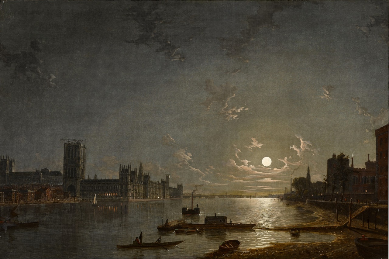 London, a view of the Thames with the new Palace of Westminster under construction - Night by Henry Pether
