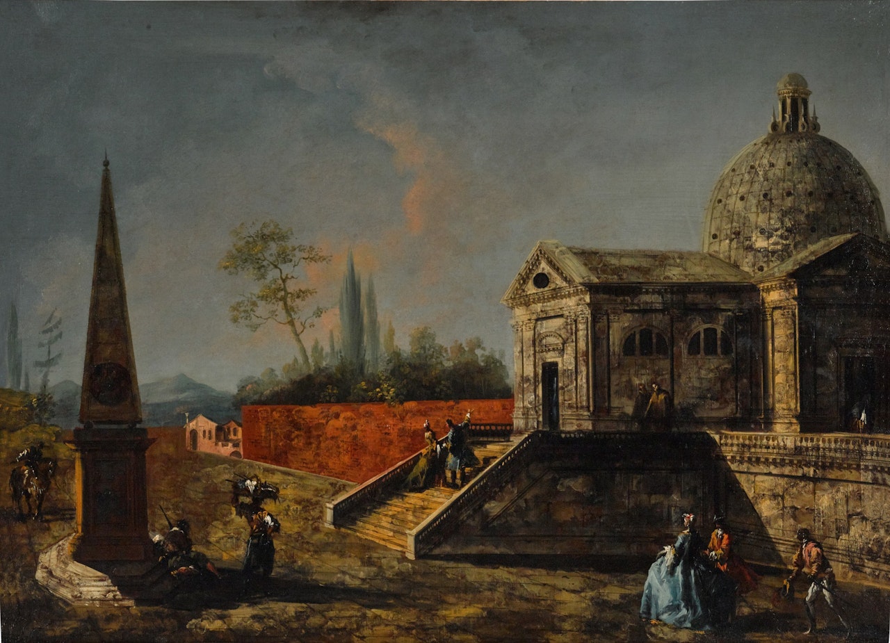 A capriccio view of a church and an obelisk, with figures promenading by Michele Marieschi
