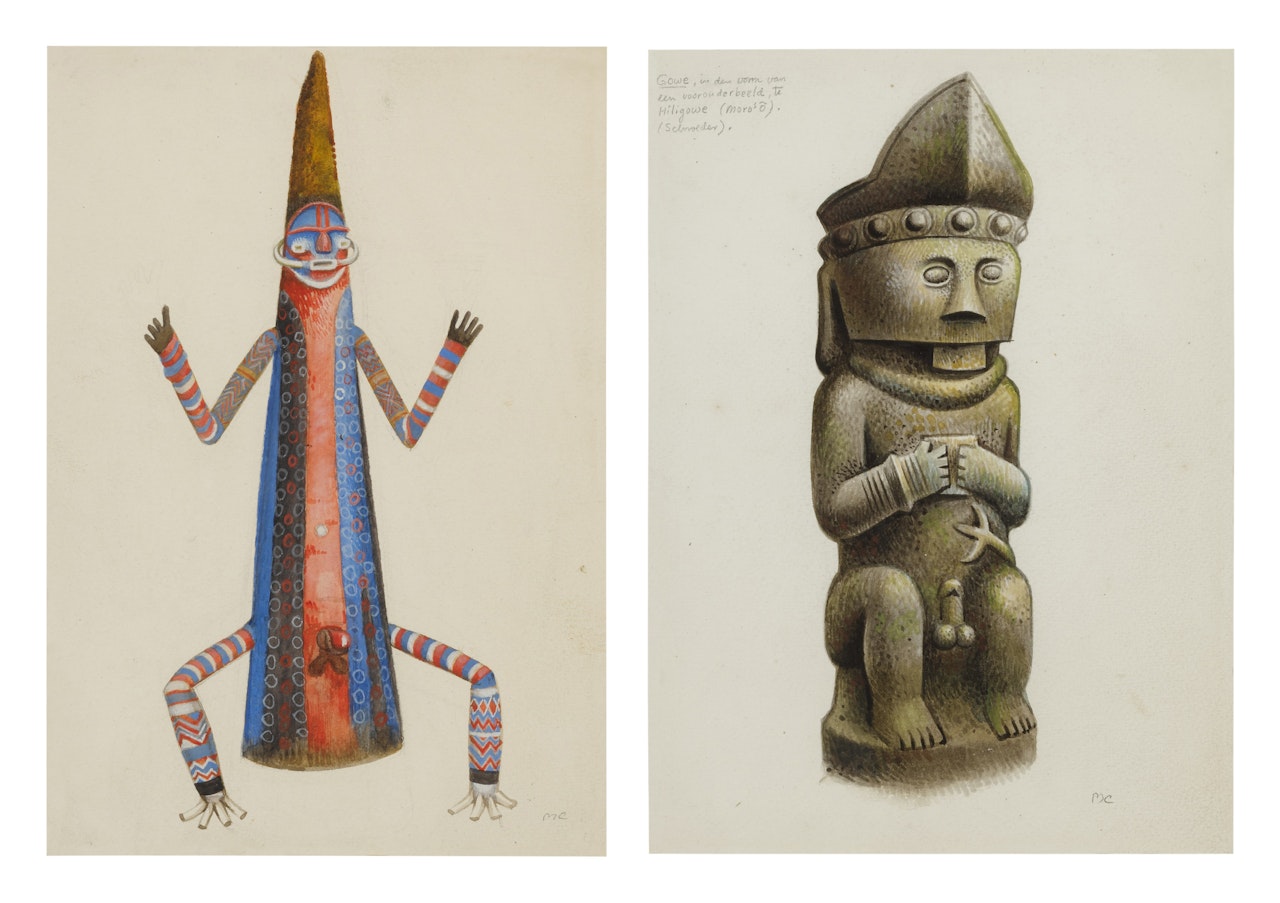 Nias Ancestral Figure from Indonesia and Ancestral Figure from Malekula, New Hebrides, A Pair by Miguel Covarrubias