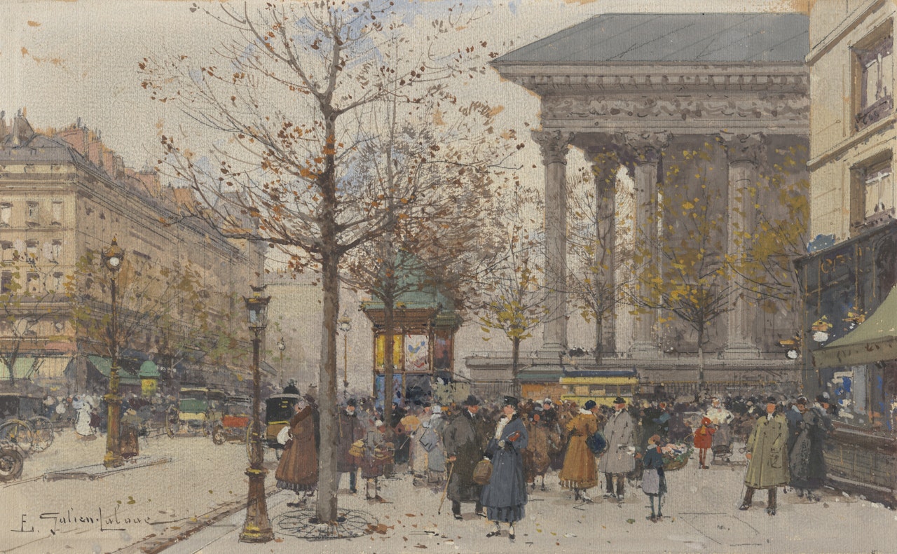 Vue animée de la Madeleine by Eugene Galien-Laloue