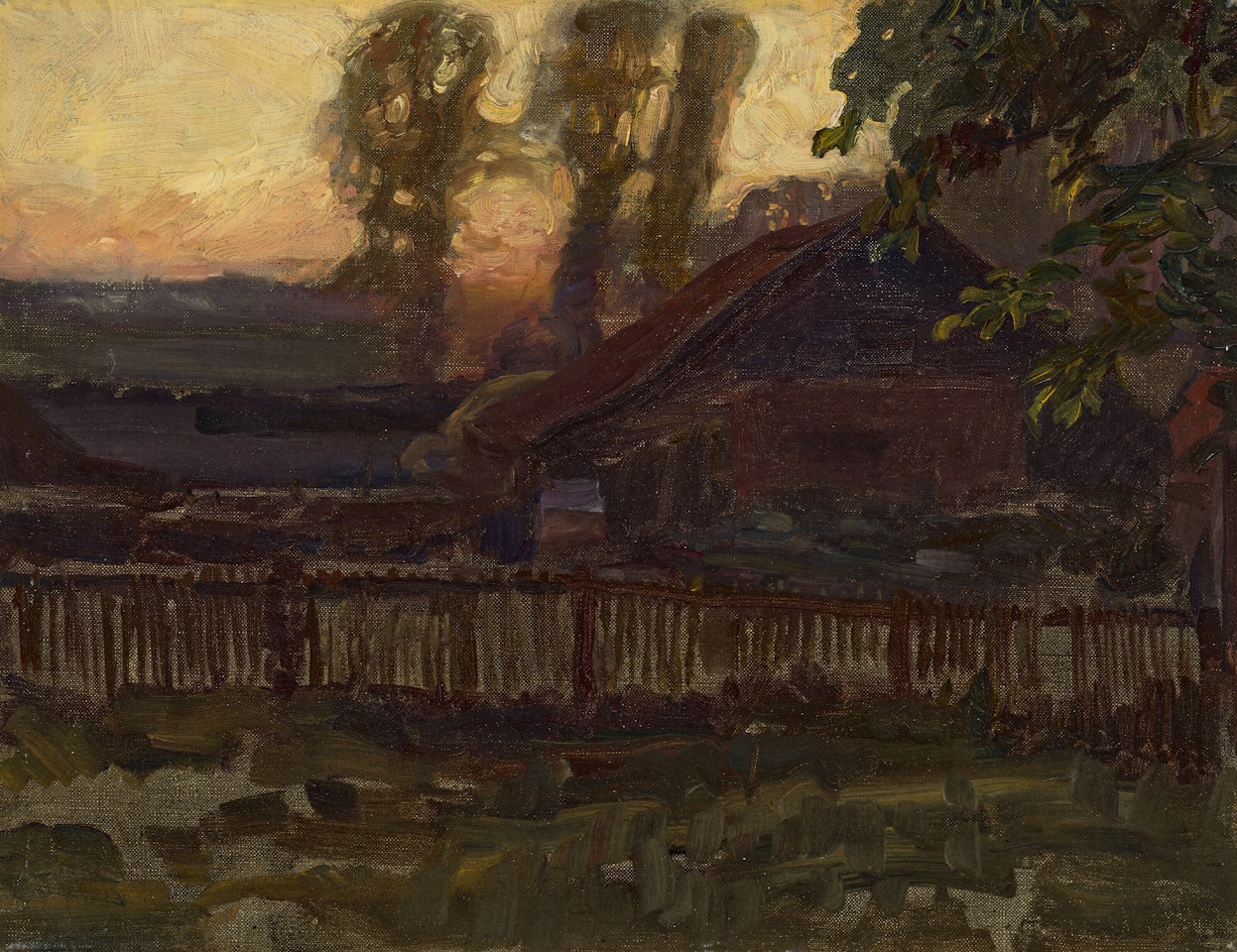 The old boathouse at the Mill at sunset by Alfred James Munnings