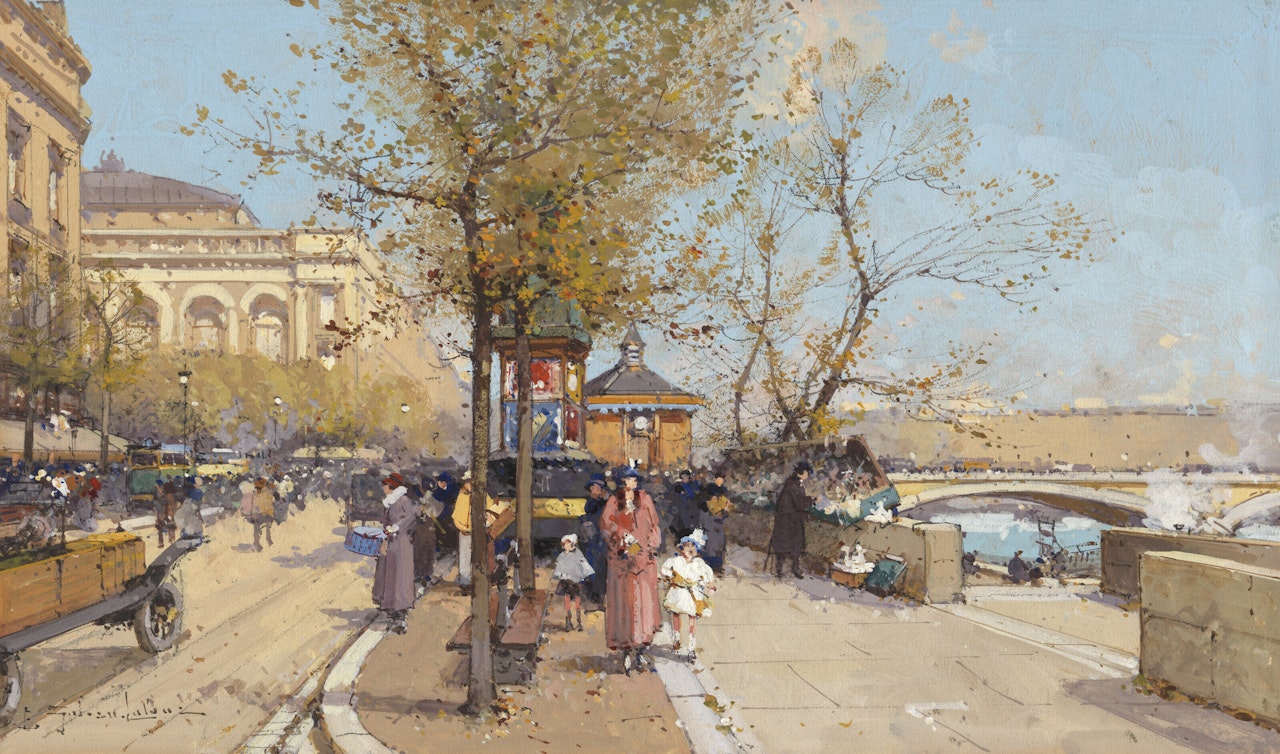 A stroll by the Seine by Eugene Galien-Laloue