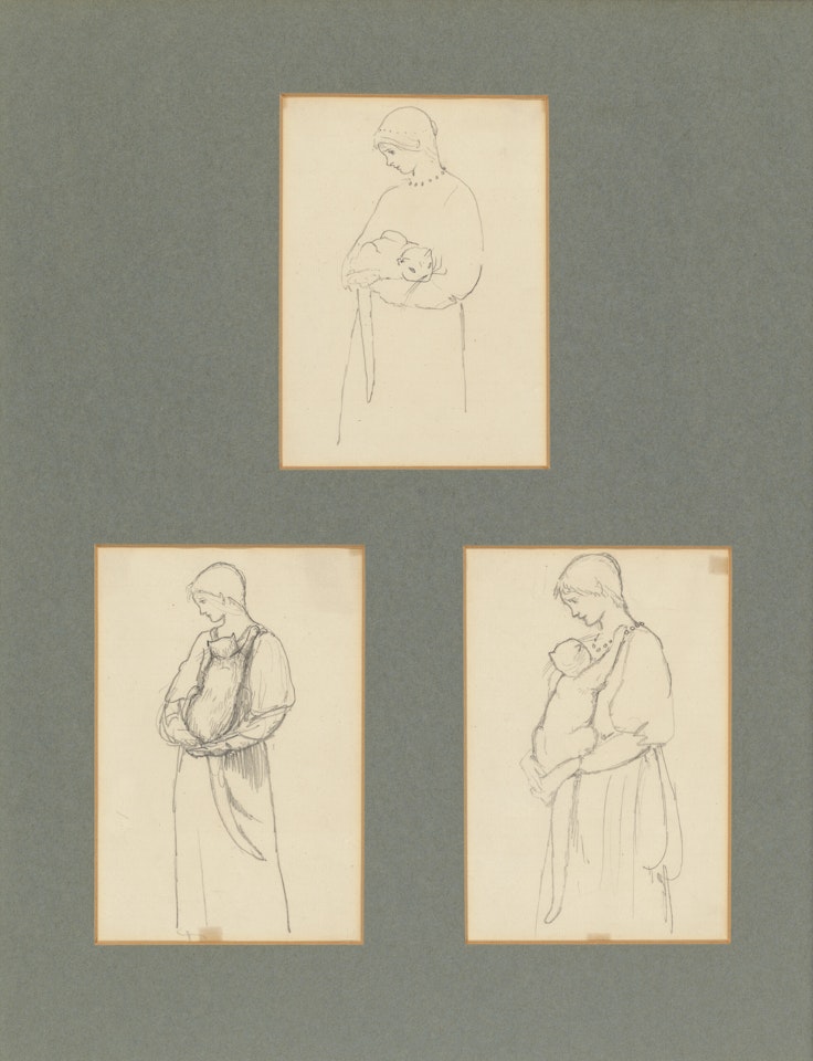 Three studies of Margaret Burne-Jones, holding a cat by Edward Coley Burne-Jones