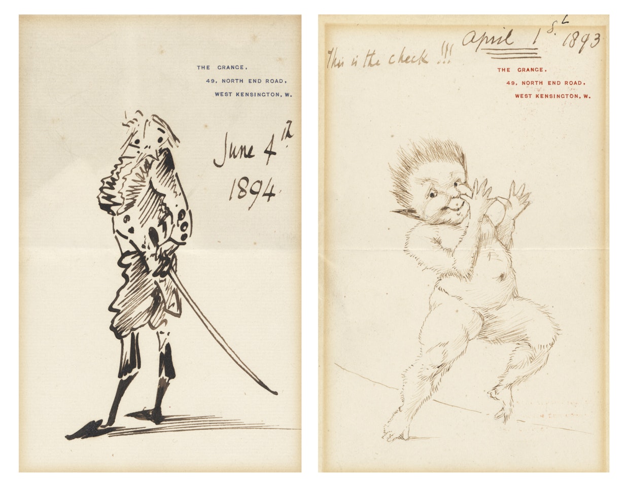 Self caricature in formal dress on the occasion of his baronetcy; and A dancing fawn by Edward Coley Burne-Jones