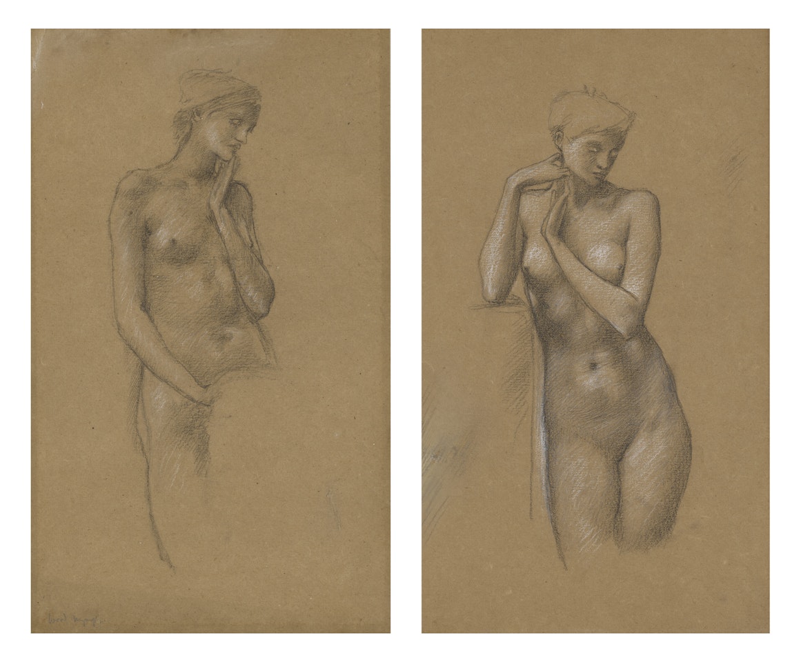 Two studies of female nudes for the Hill Fairies in "Arthur in Avalon" by Edward Coley Burne-Jones