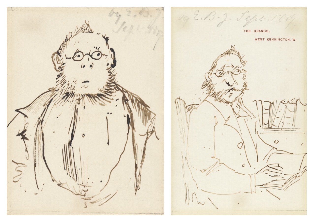 Two drawings of Uncle Crom (Cormel Price) by Edward Coley Burne-Jones