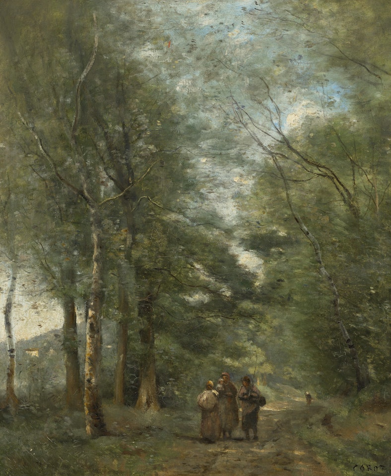 Ville d"Avray.Paysans causant sur le chemin longeant L"étang by Jean Baptiste Camille Corot