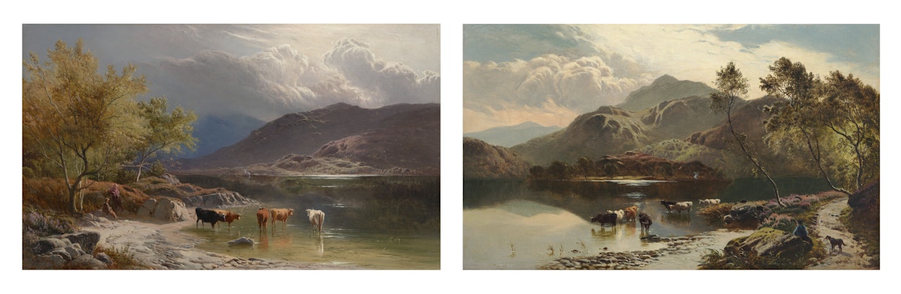 Cattle watering by a loch; and Loch Katrine by Sidney Richard Percy