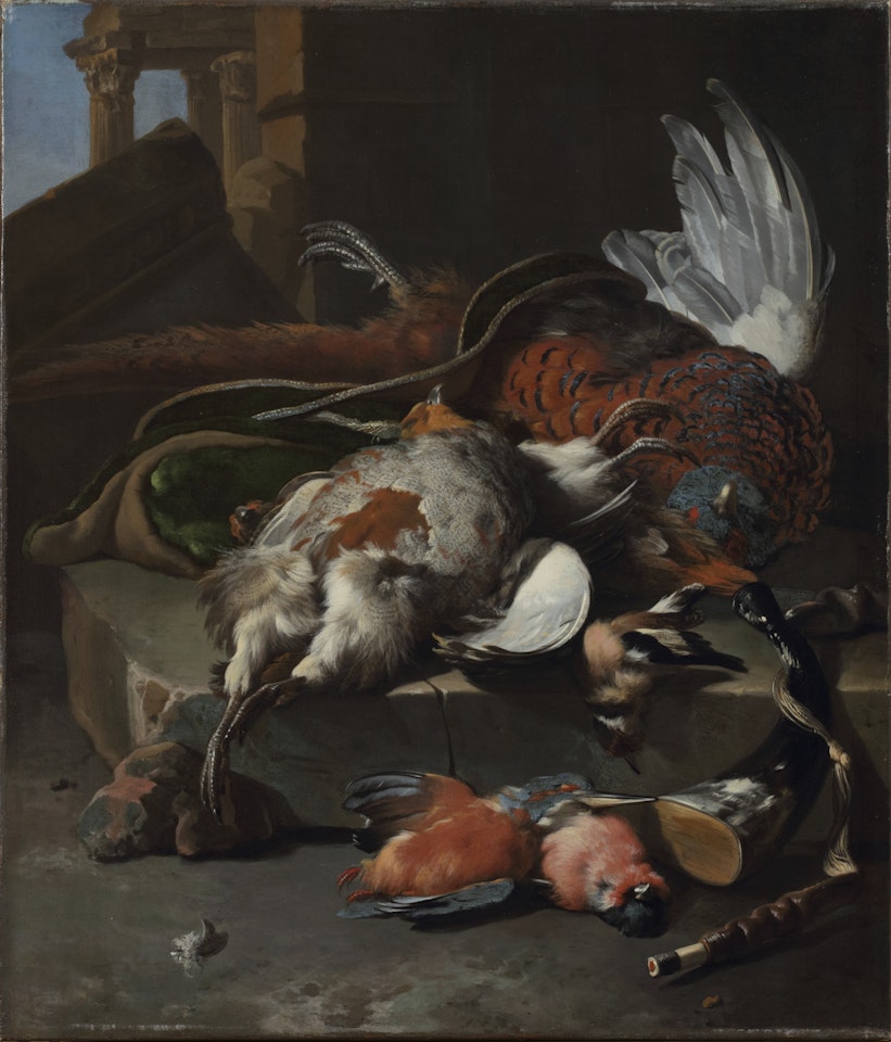 A hunting still life with a partridge, a pheasant and finches, together with a hunting sack and a powderflask on a stone ledge by Melchior de Hondecoeter