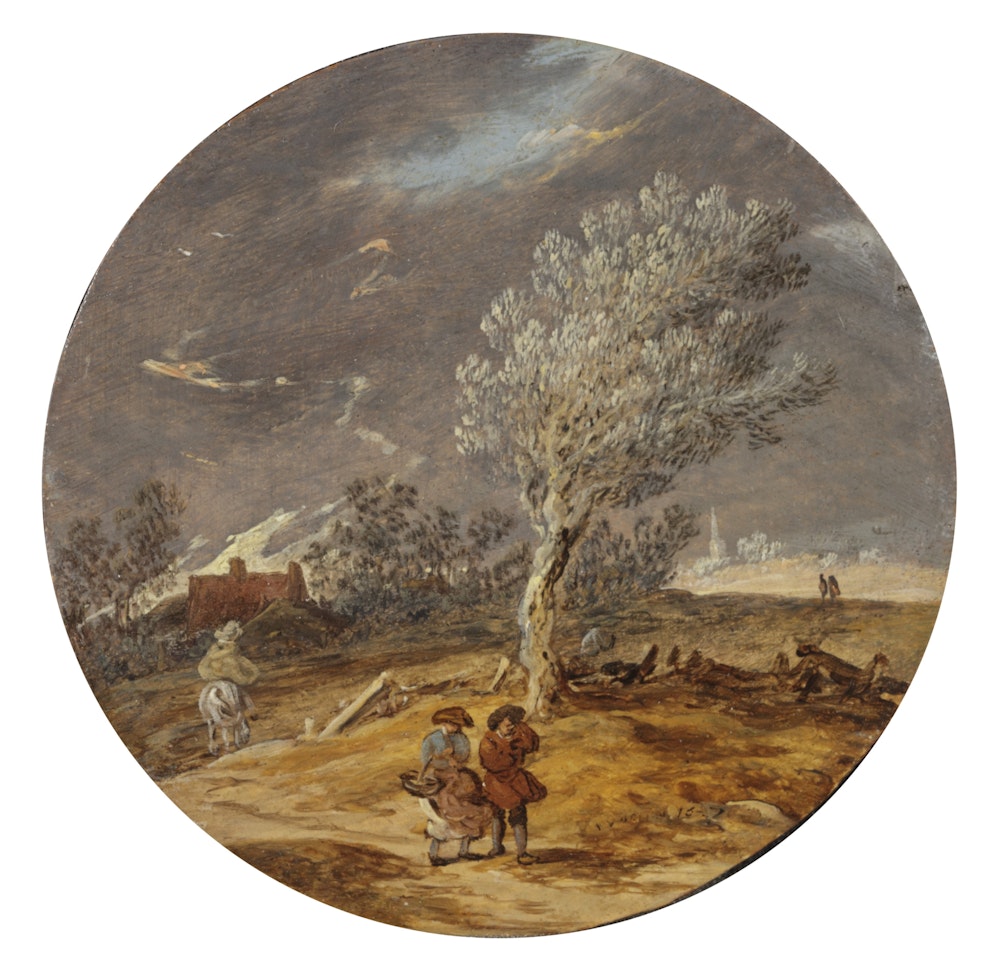 A dune landscape with travellers on a path in a thunder storm, a tondo by Jan van Goyen