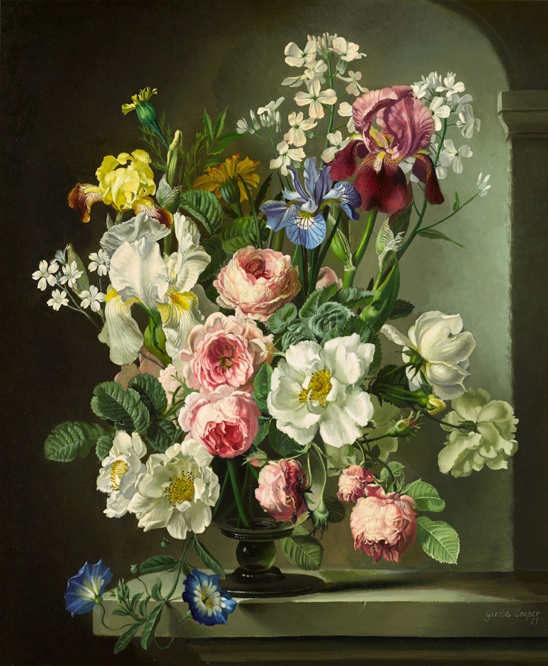 Still life with Irises and Roses in a Glass Goblet by Gerald Cooper