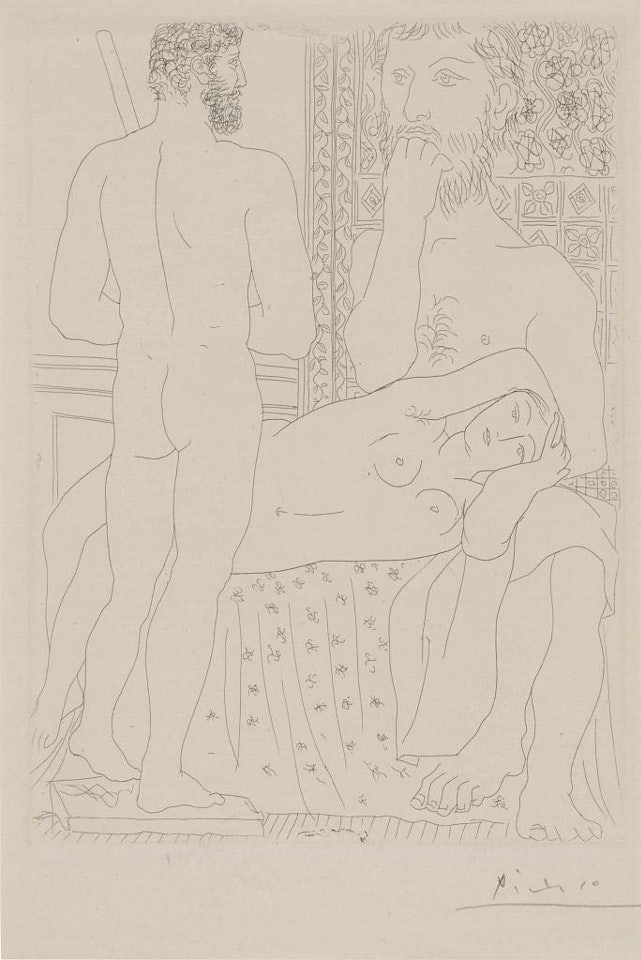 Sculpteur, modéle couché et autoportrait en Hercule sculpté (Bloch 147; Baer 298) by Pablo Picasso