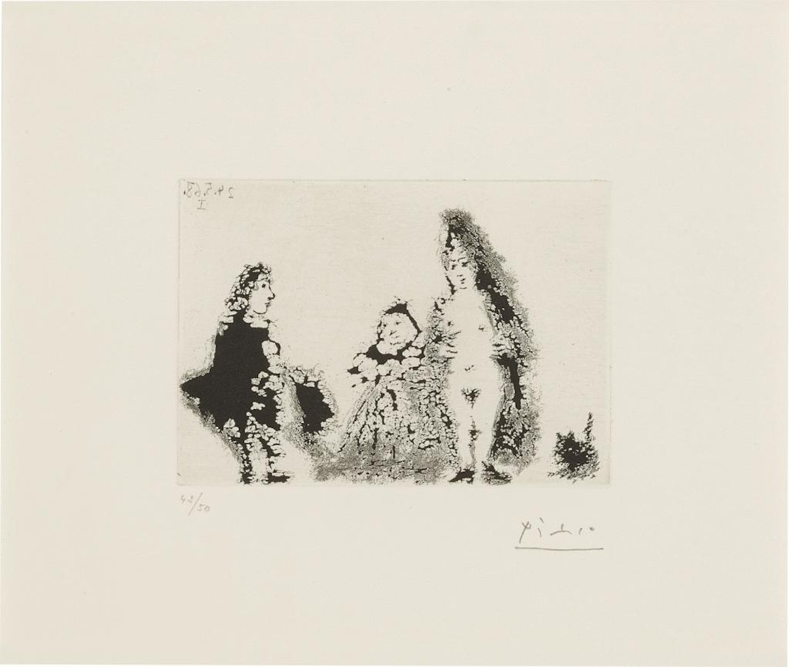 Célestine et fille avec un chat et un jeune client (Bloch 1587; Baer 1603) by Pablo Picasso