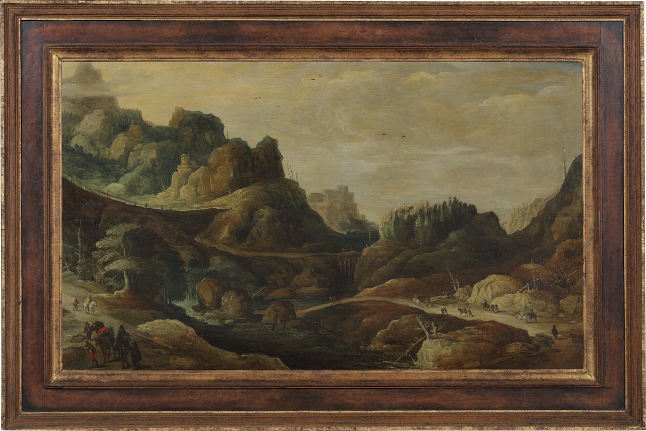 A mountainous landscape with travellers on paths along a riverbank by Joos de Momper the Younger