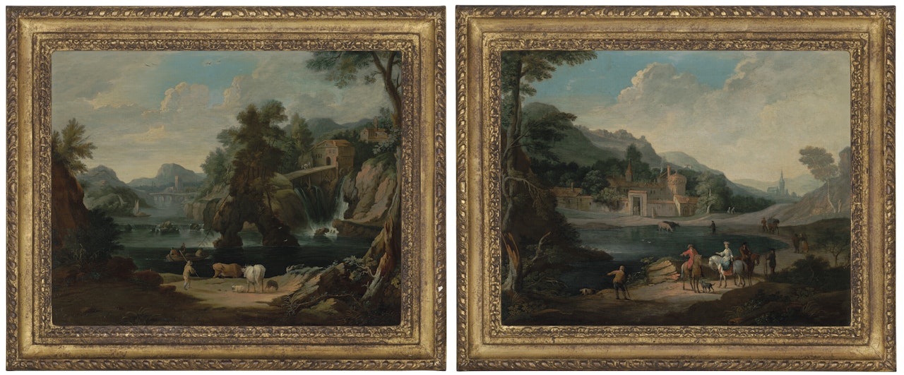 An elegant couple beside a lake; and A cowherd beside a cascading river by Pieter Bout