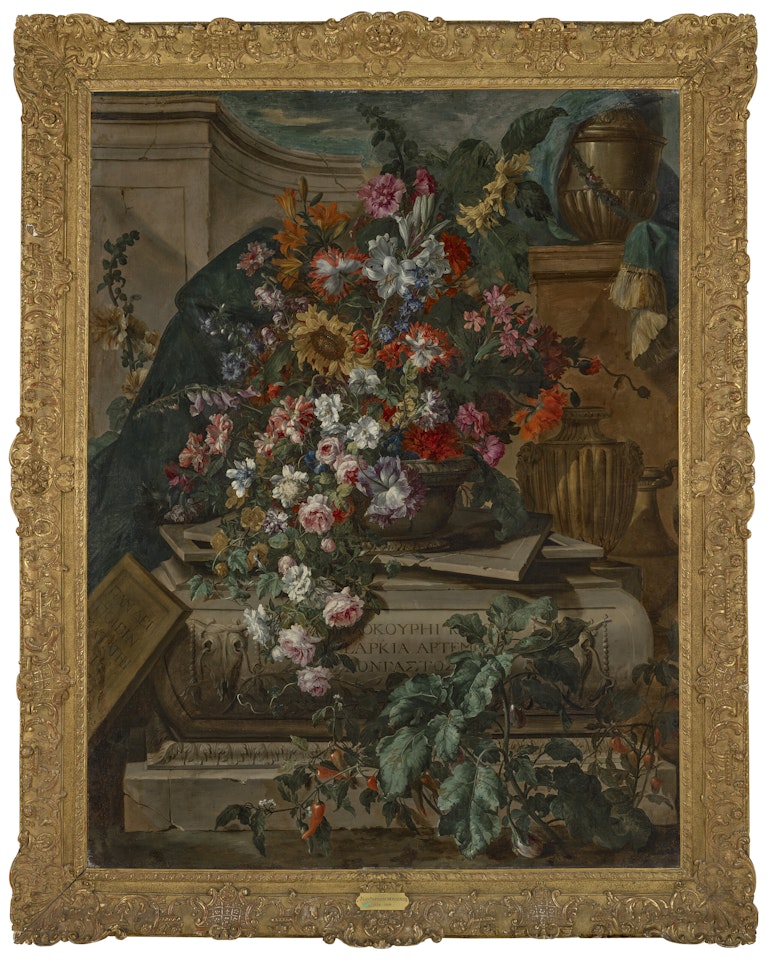Flowers in an urn on a sarcophagus by Jean Baptiste Monnoyer