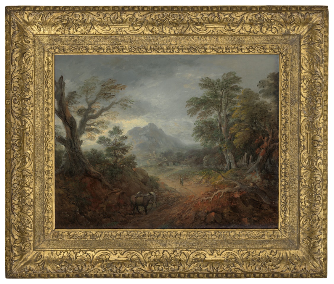 A wooded landscape with donkeys and figures on a path by Thomas Gainsborough
