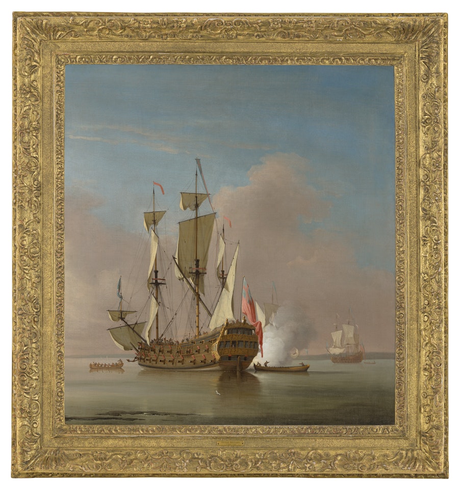 A Royal Navy 46-gun Man-o-war firing a salute in a calm sea by Peter Monamy