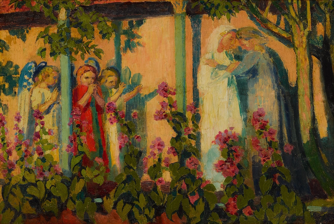 Visitation with Hollyhocks (study) by Maurice Denis
