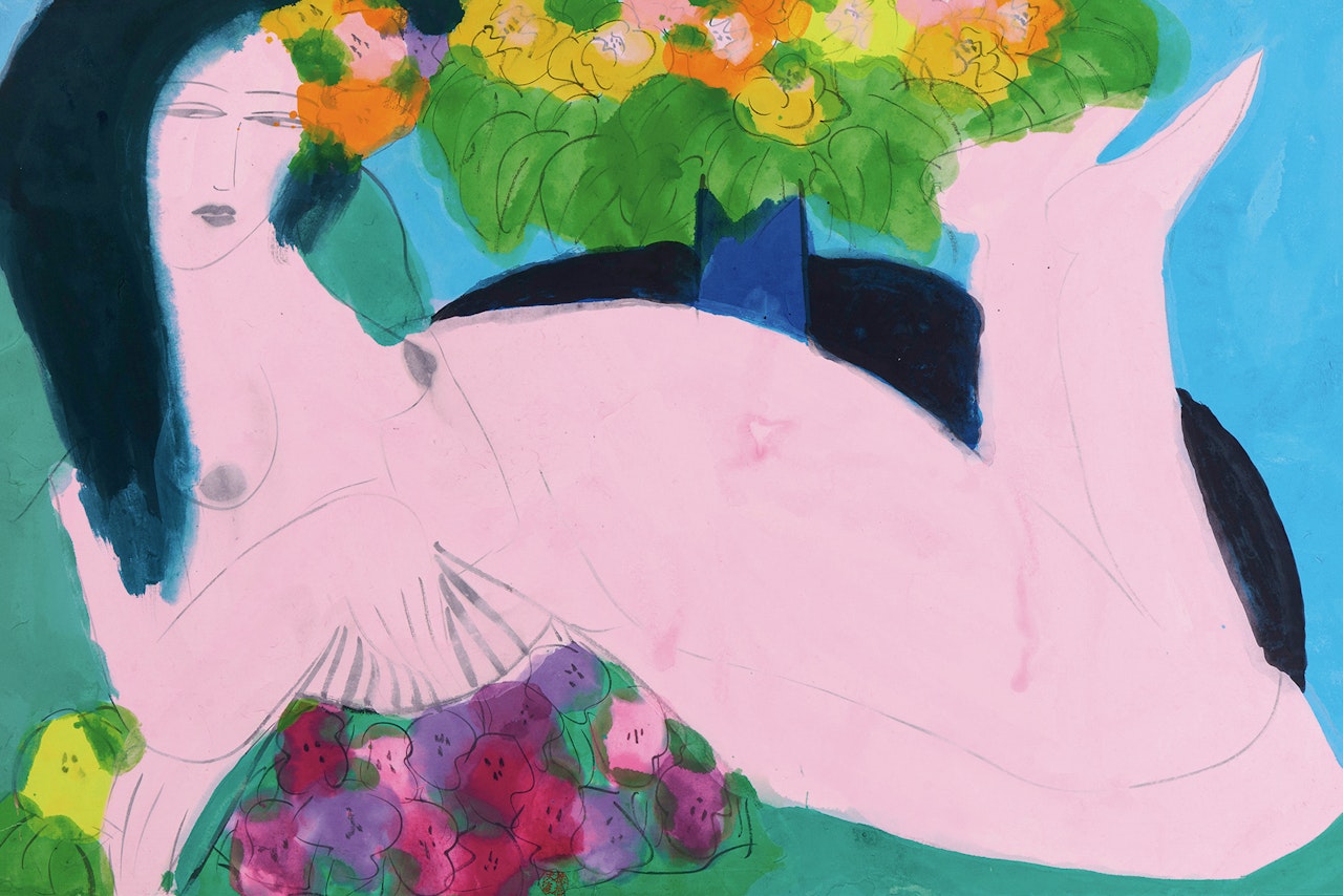 Reclining Nude With Flowers by Walasse Ting