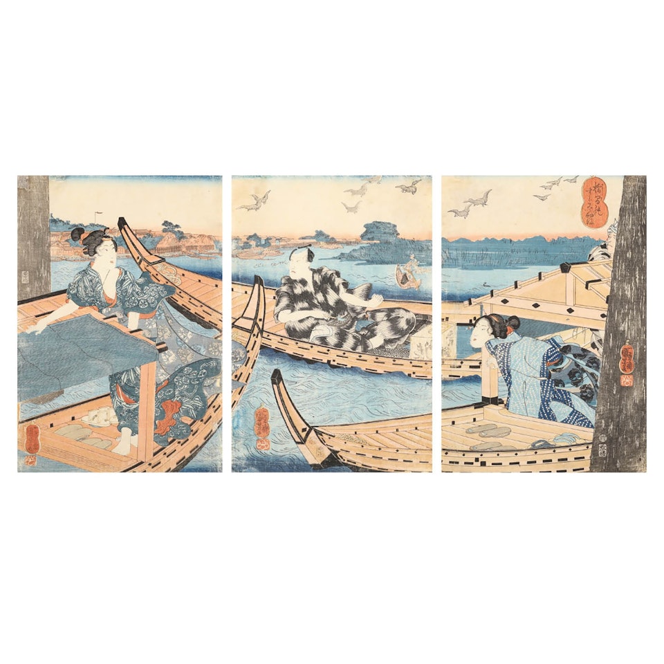 UKIYO-E "BOATS BETWEEN THE BOATS" 3 PIECES by Utagawa Kuniyoshi