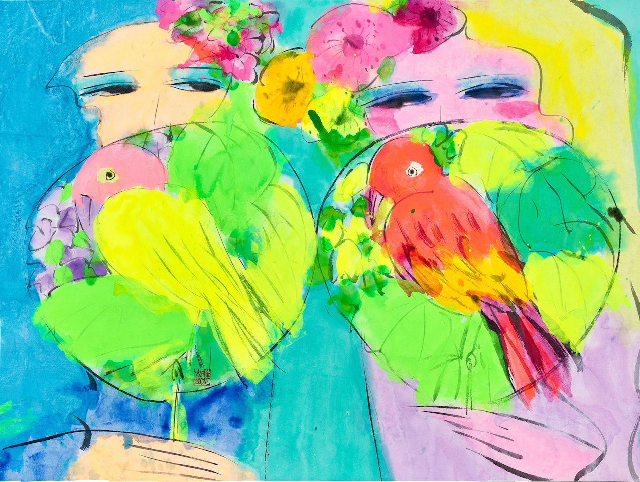 Two Ladies with Fans by Walasse Ting