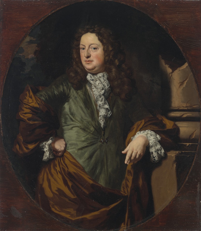 Portrait of a man, three-quarter-length, leaning on a broken column, traditionally identified as Count Borchgrave by Nicolaes Maes