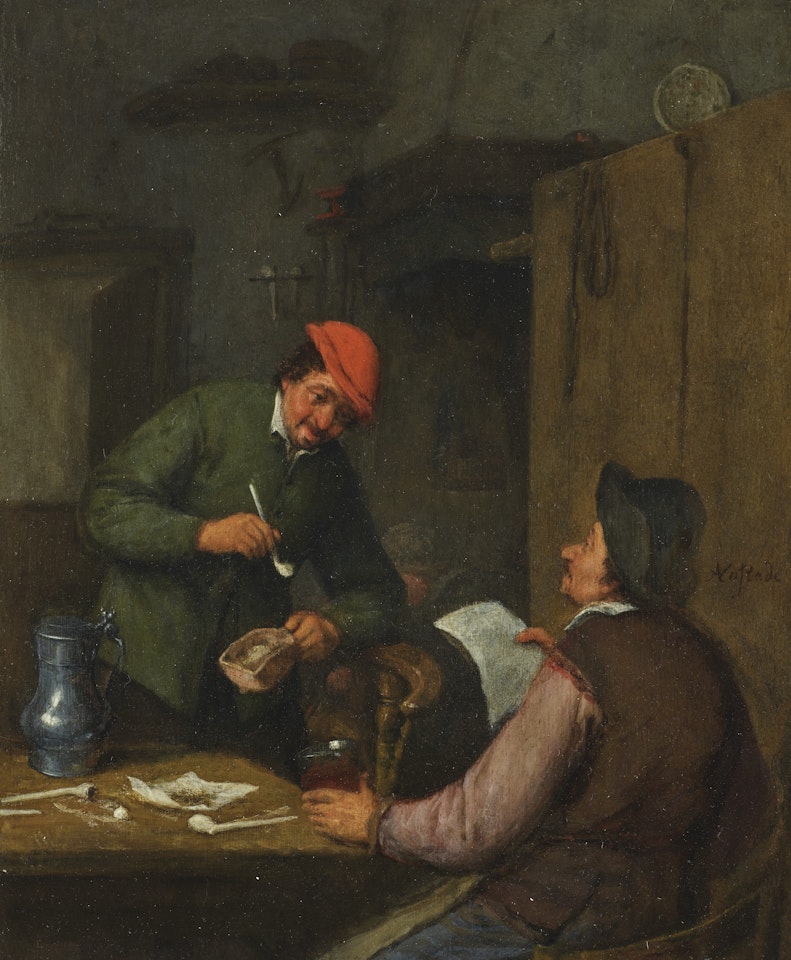 Two peasants smoking, drinking and reading at an inn by Adriaen van Ostade